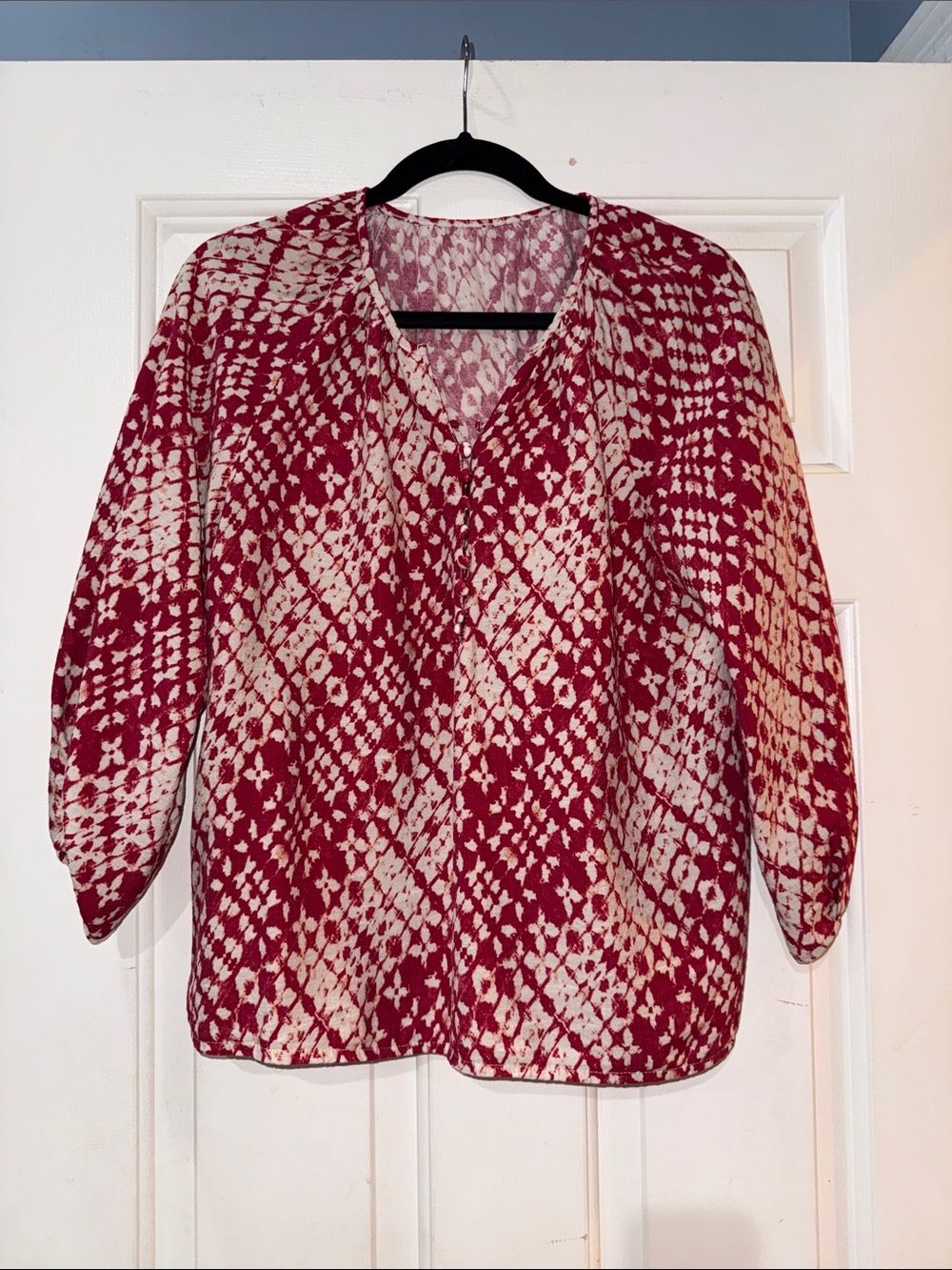 SHEIN Red and Cream V-Neck Patterned Tunic